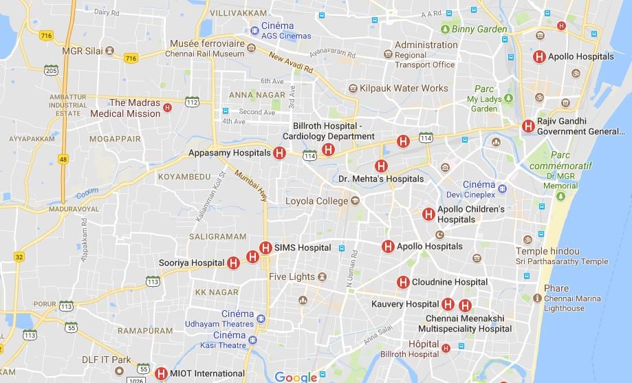 zemljevid Chennai Bolnišnice 