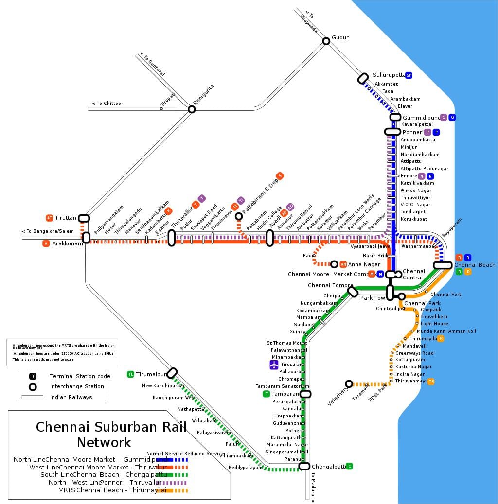 Chennai primestni železniški zemljevid